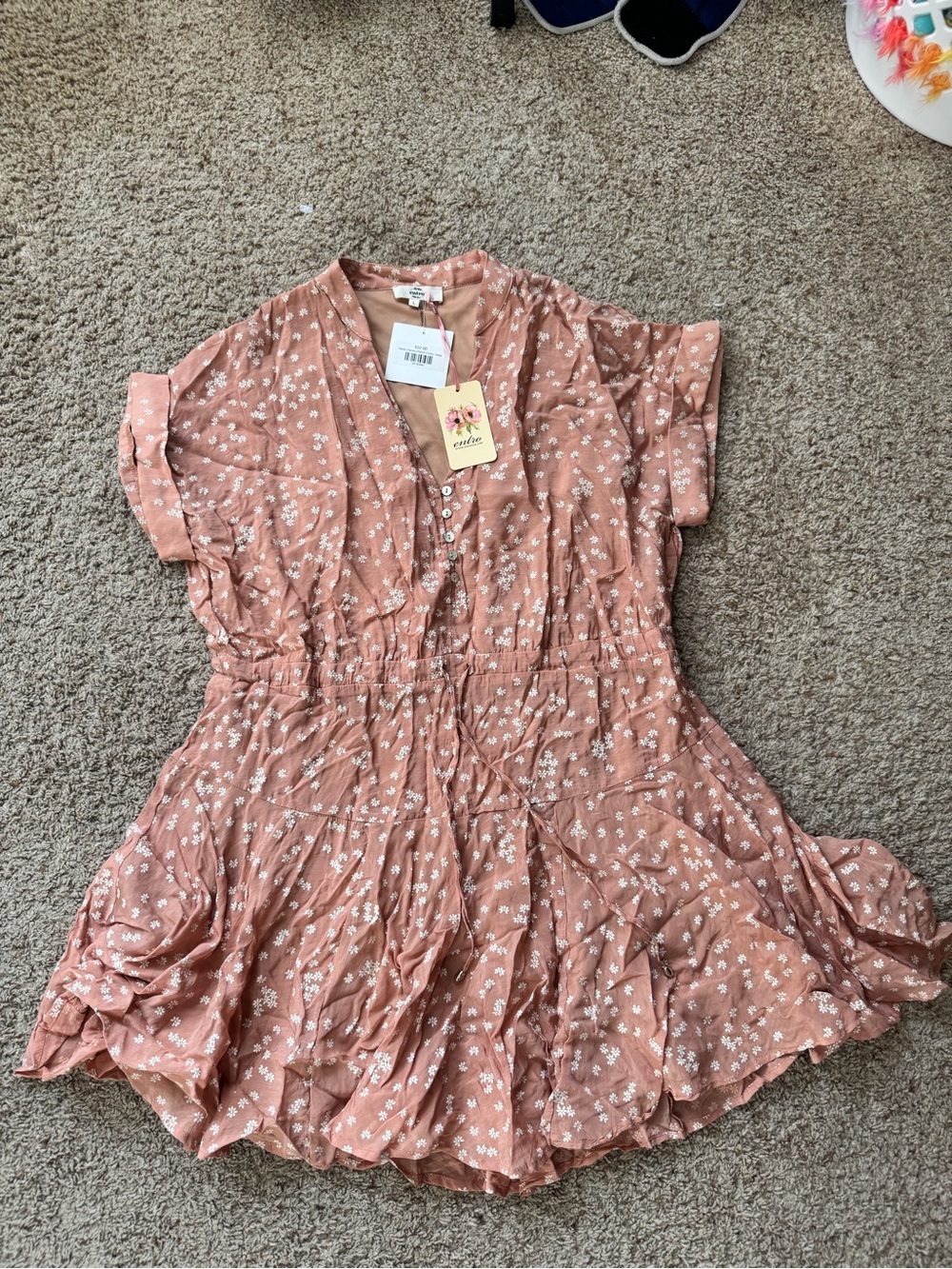 Entro Women's Floral V-Neck Button Front Mini Dress Adjustable Drawstring L